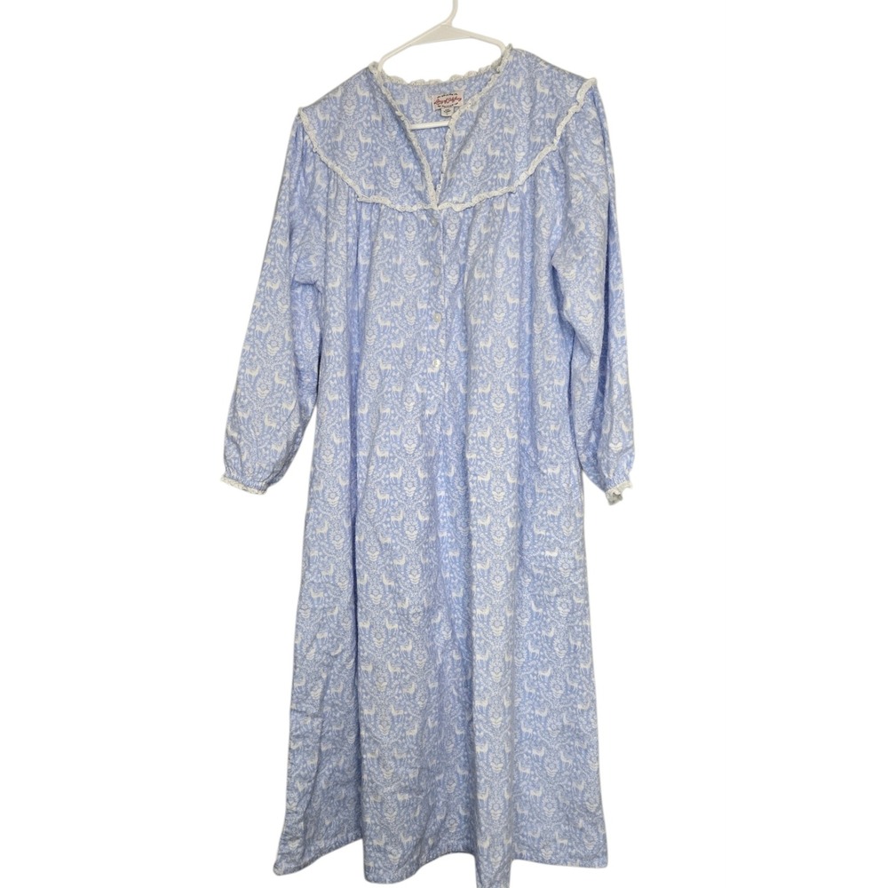 Light Blue Floral Long-Sleeve Nightgown with Lace Trim - Unknown Brand